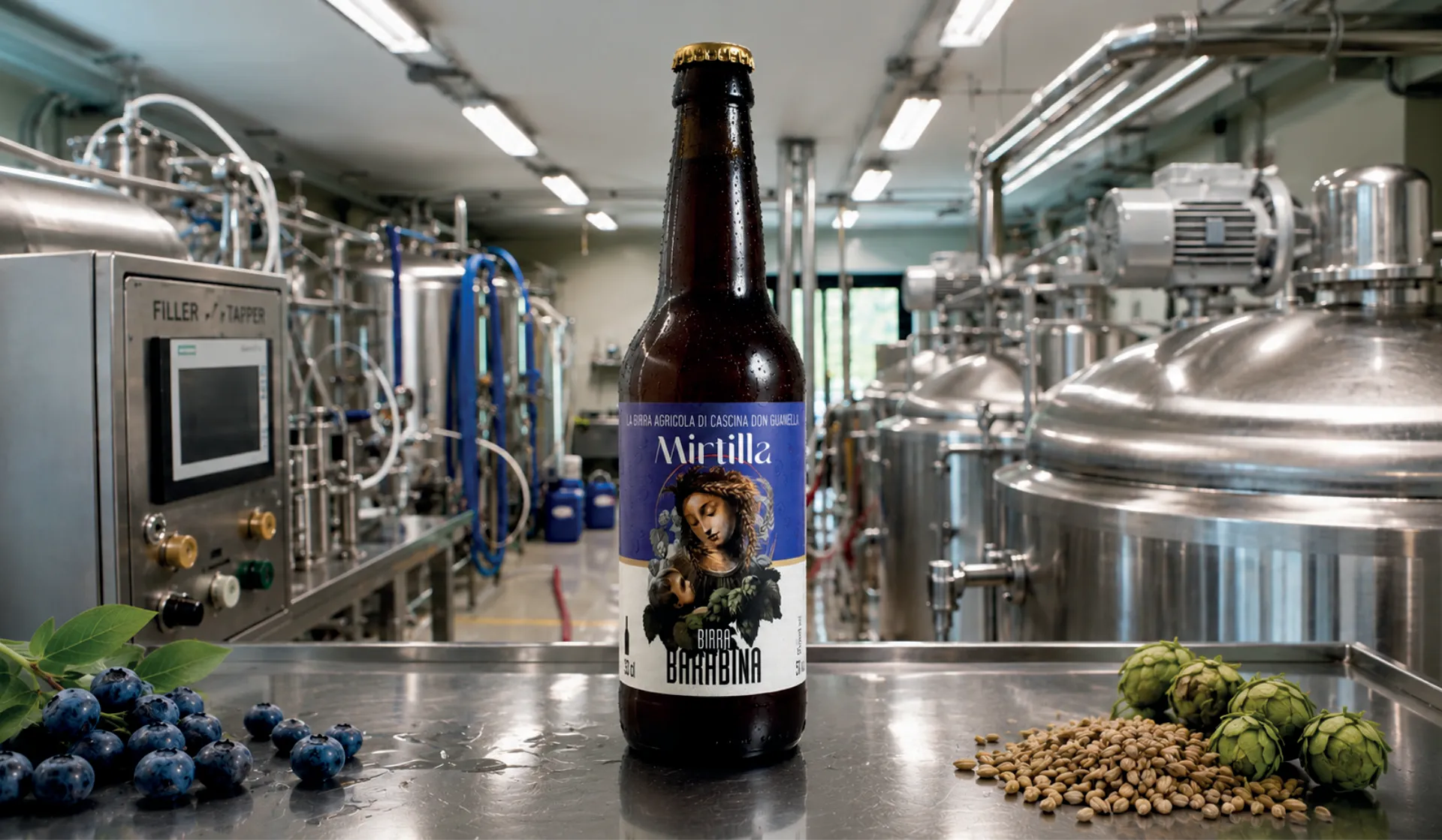 La birra Mirtilla davanti all'impianto del birrificio